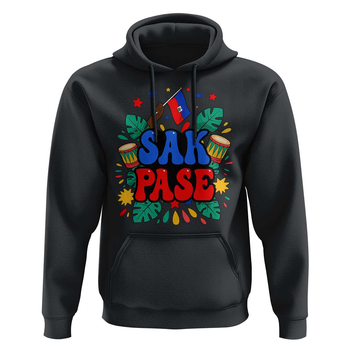Sak Pase Colorful Festive Haitian Drums Tropical Graphic Hoodie Haiti Heritage Pride
