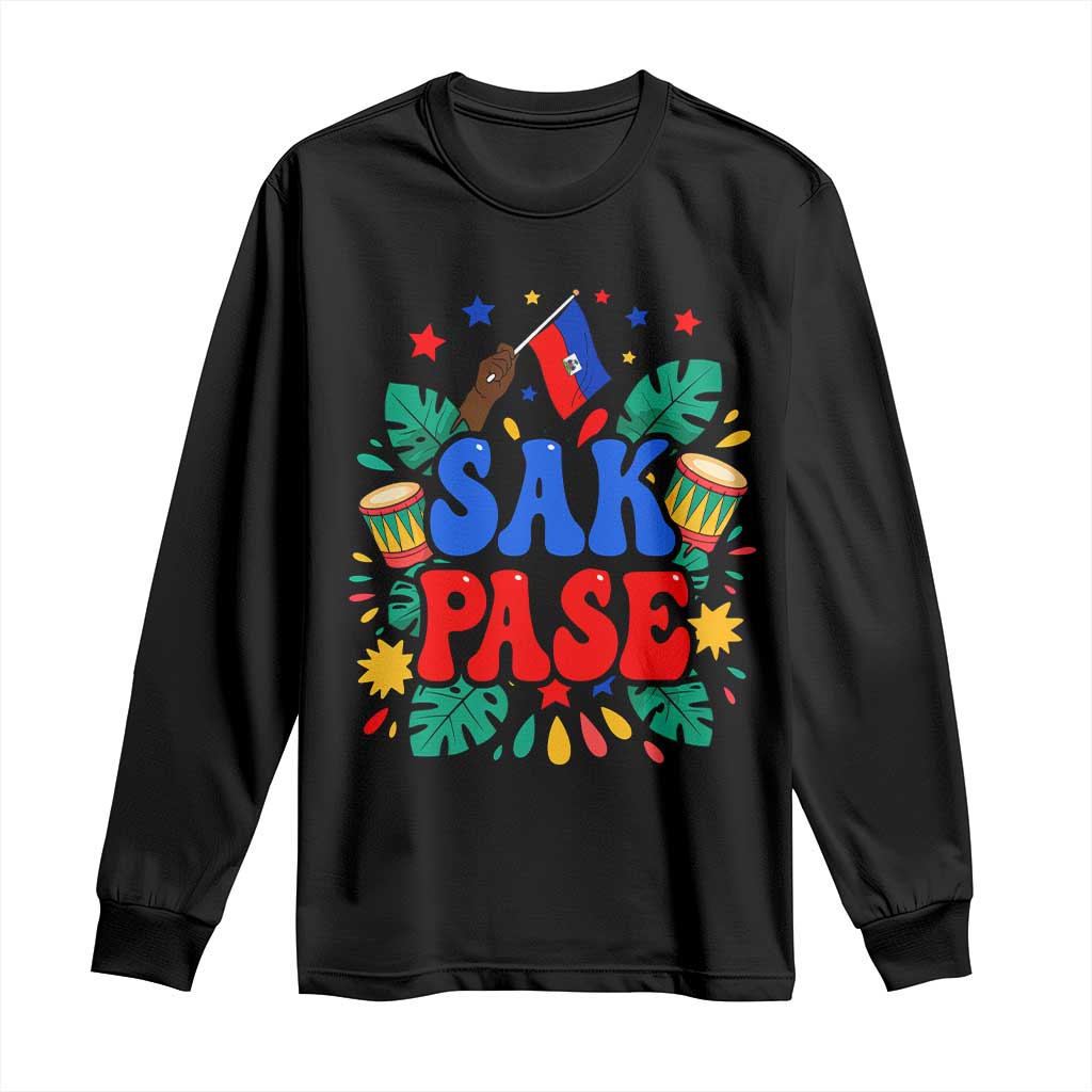 Sak Pase Colorful Festive Haitian Drums Tropical Graphic Long Sleeve Shirt Haiti Heritage Pride