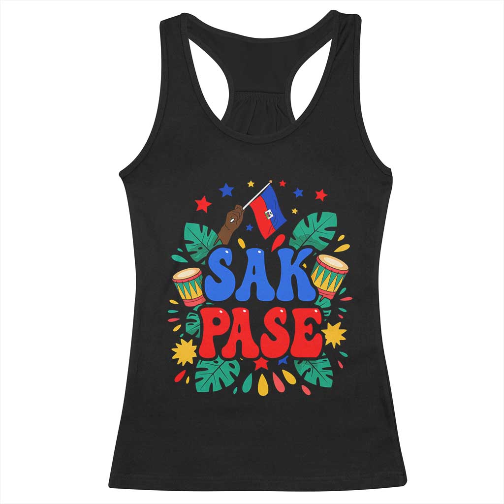 Sak Pase Colorful Festive Haitian Drums Tropical Graphic Racerback Tank Top Haiti Heritage Pride