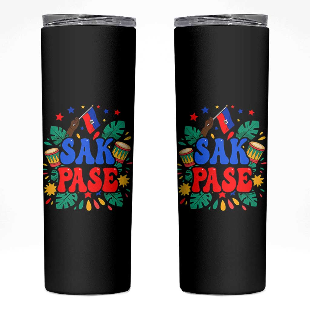 Sak Pase Colorful Festive Haitian Drums Tropical Graphic Skinny Tumbler Haiti Heritage Pride