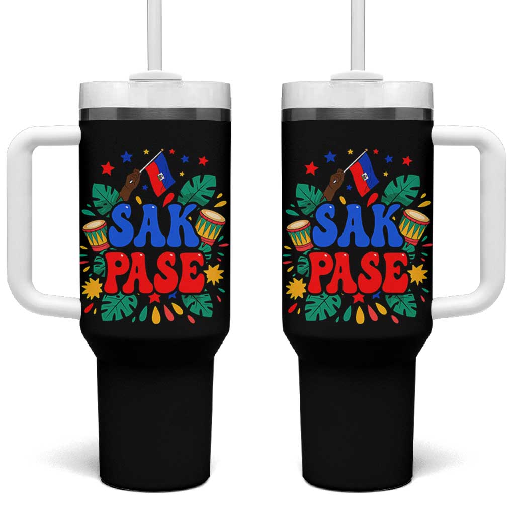 Sak Pase Colorful Festive Haitian Drums Tropical Graphic Tumbler With Handle Haiti Heritage Pride