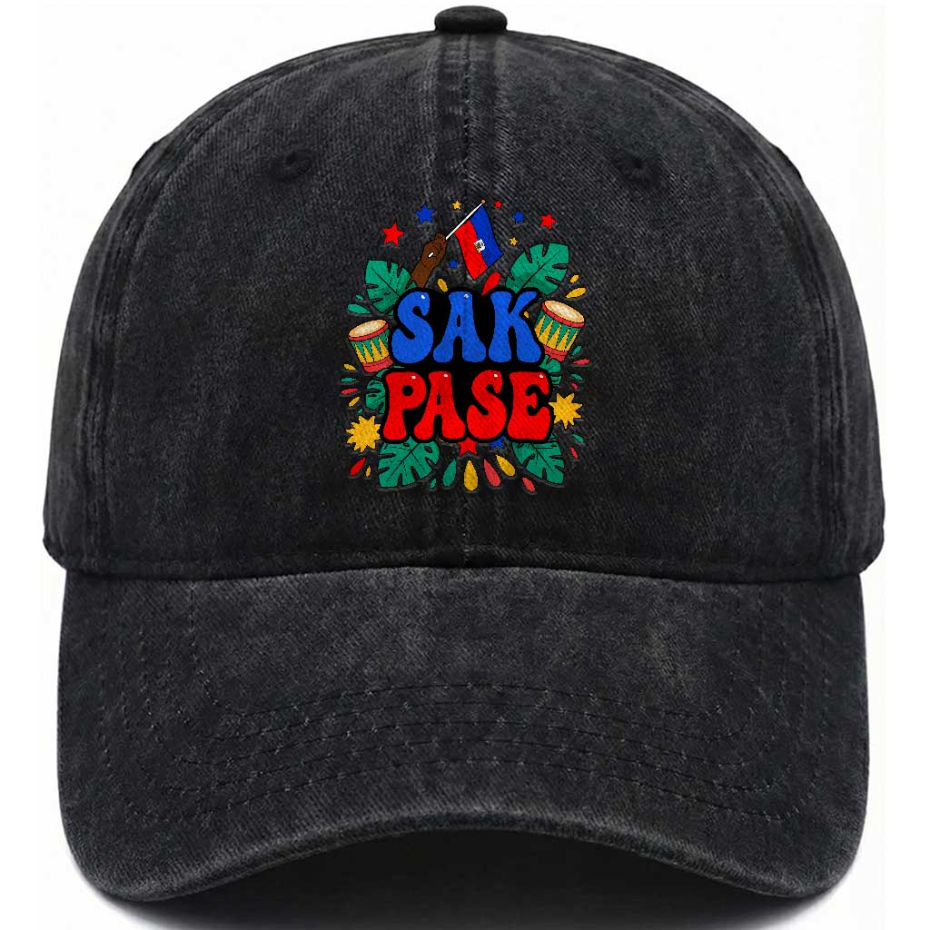 Sak Pase Colorful Festive Haitian Drums Tropical Graphic Washed Cotton Baseball Cap Haiti Heritage Pride