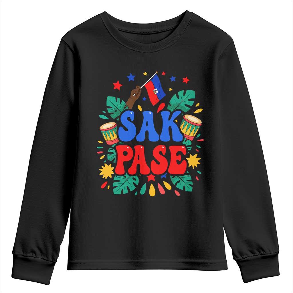 Sak Pase Colorful Festive Haitian Drums Tropical Graphic Youth Sweatshirt Haiti Heritage Pride