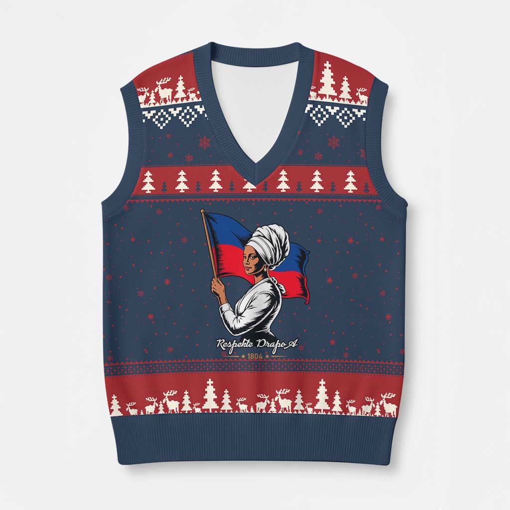 Respekte Drapo A 1804 Haitian Independence Day V-Neck Knit Sweater Vest Proud Haitian Woman Flag Heritage