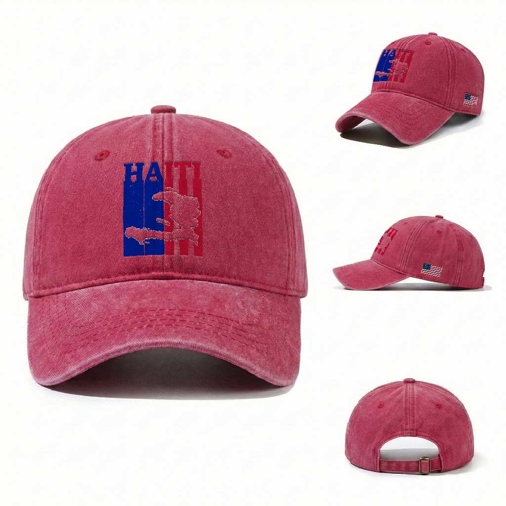Vintage Retro Map of Haiti Washed Cotton Baseball Cap Haitian Heritage Pride Travel Souvenir
