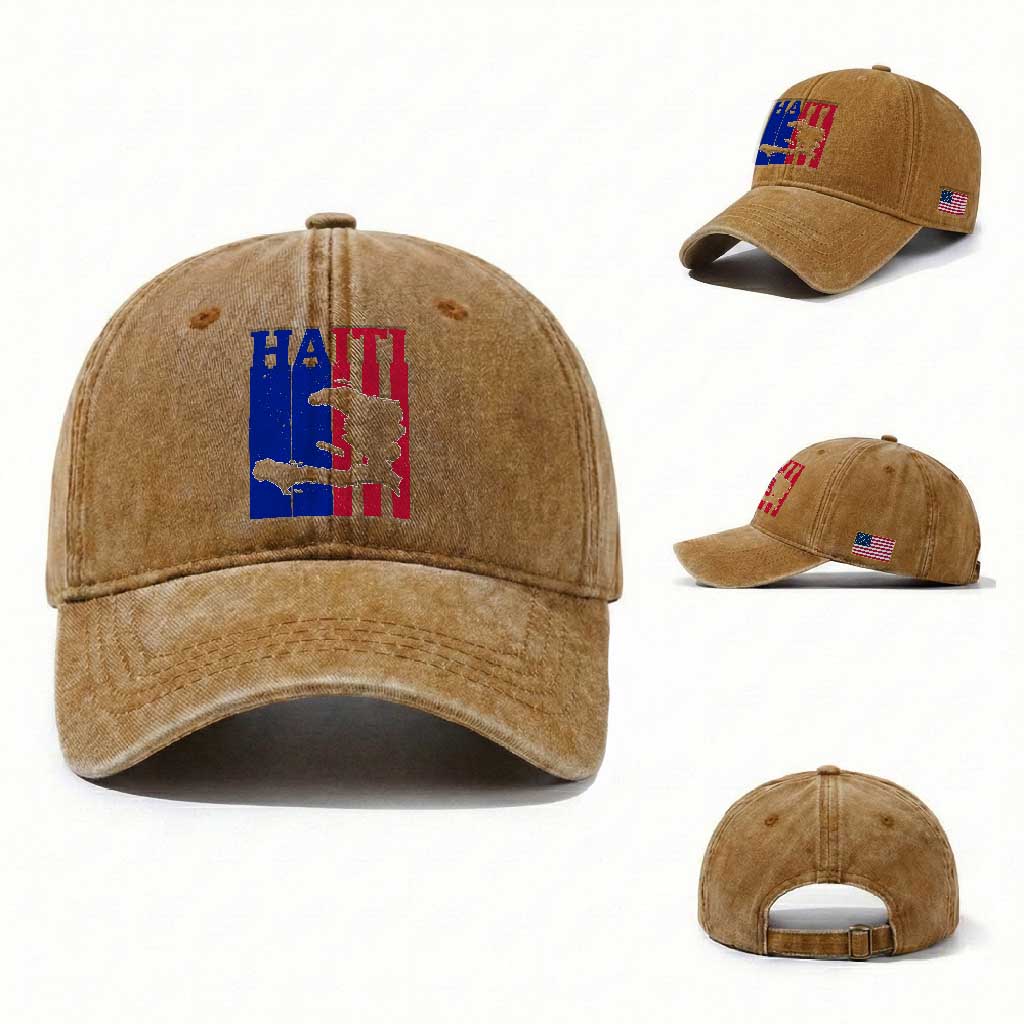 Vintage Retro Map of Haiti Washed Cotton Baseball Cap Haitian Heritage Pride Travel Souvenir