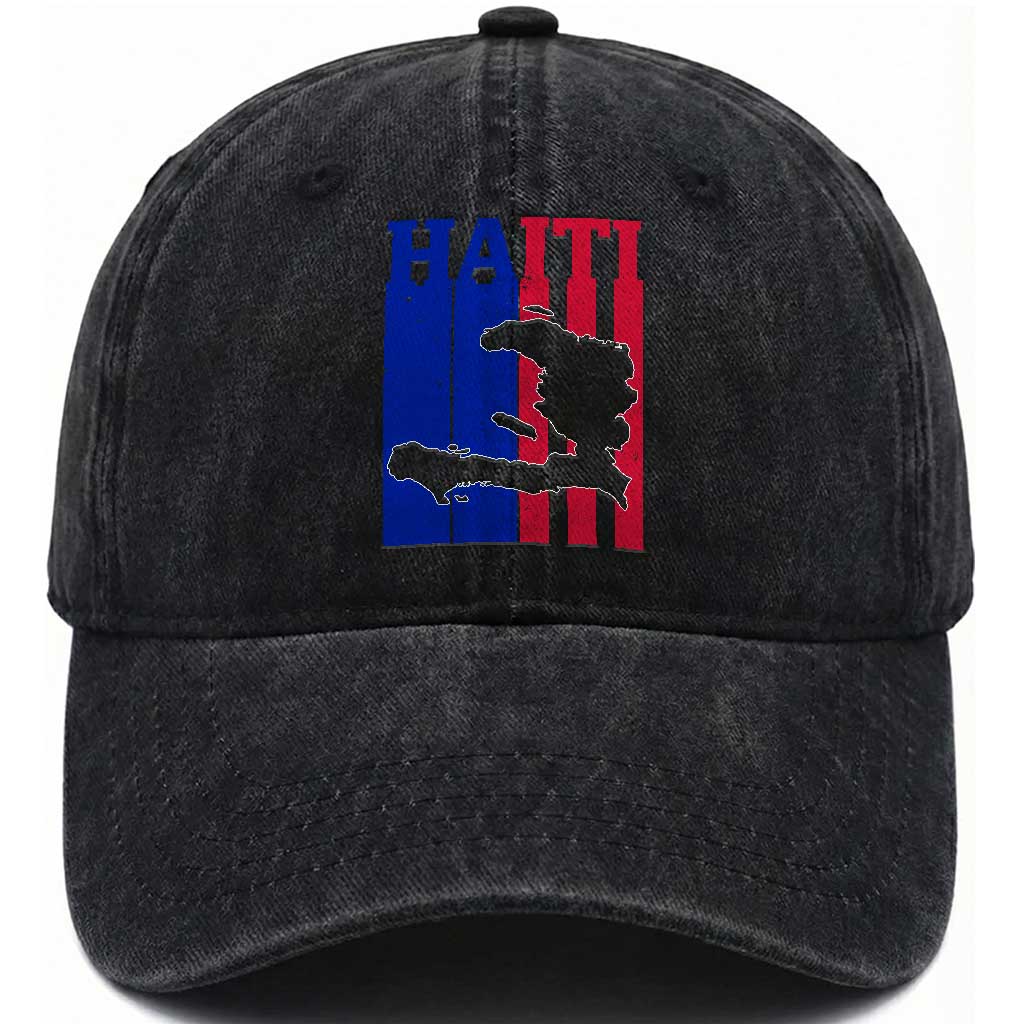 Vintage Retro Map of Haiti Washed Cotton Baseball Cap Haitian Heritage Pride Travel Souvenir