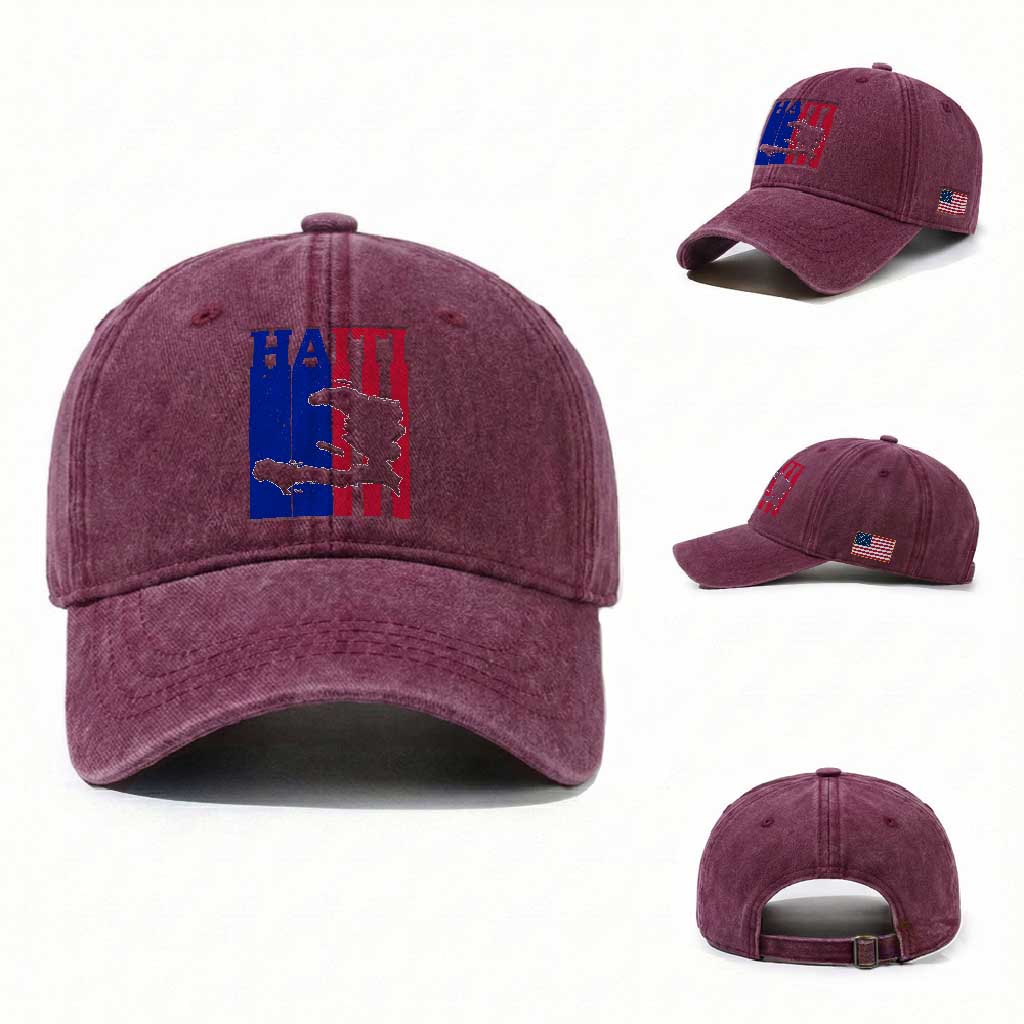 Vintage Retro Map of Haiti Washed Cotton Baseball Cap Haitian Heritage Pride Travel Souvenir