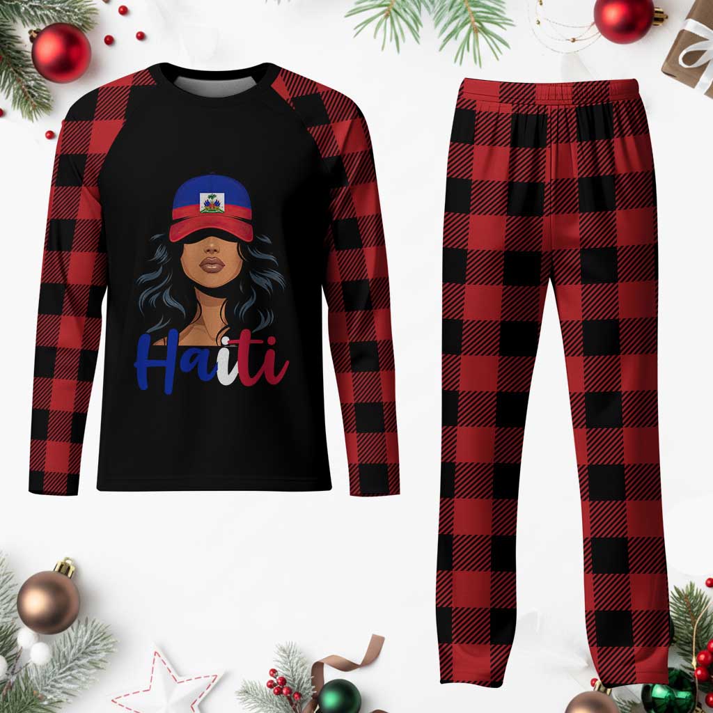 Beautiful Haitian Girl in Flag Baseball Cap Plaid Pajama Set Haiti Heritage Pride