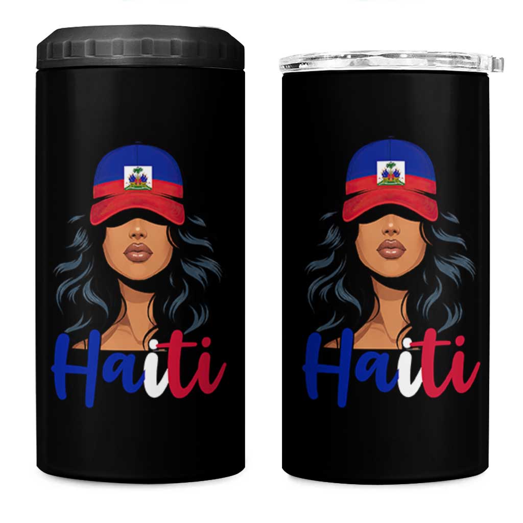 Beautiful Haitian Girl in Flag Baseball Cap 4 in 1 Can Cooler Tumbler Haiti Heritage Pride