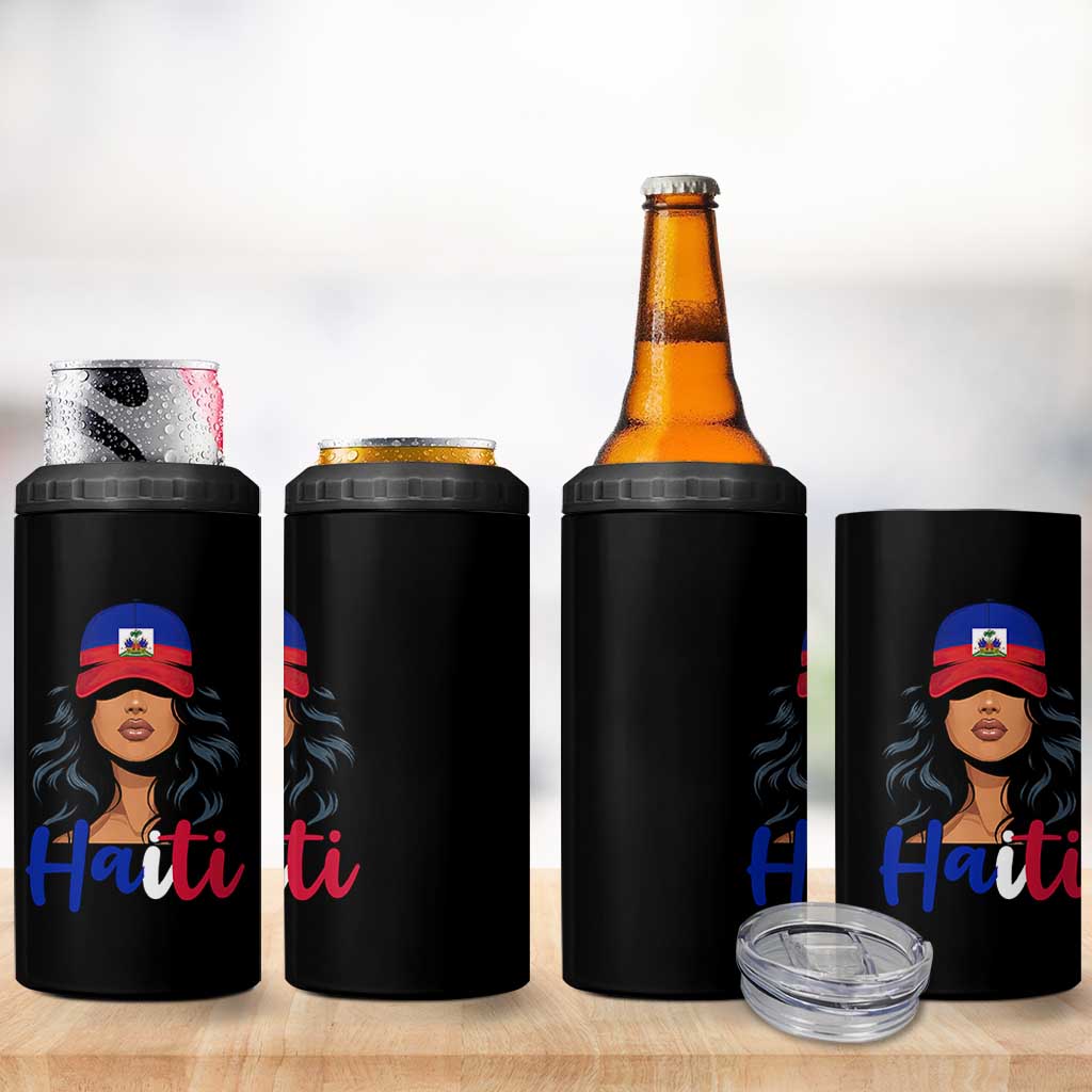 Beautiful Haitian Girl in Flag Baseball Cap 4 in 1 Can Cooler Tumbler Haiti Heritage Pride