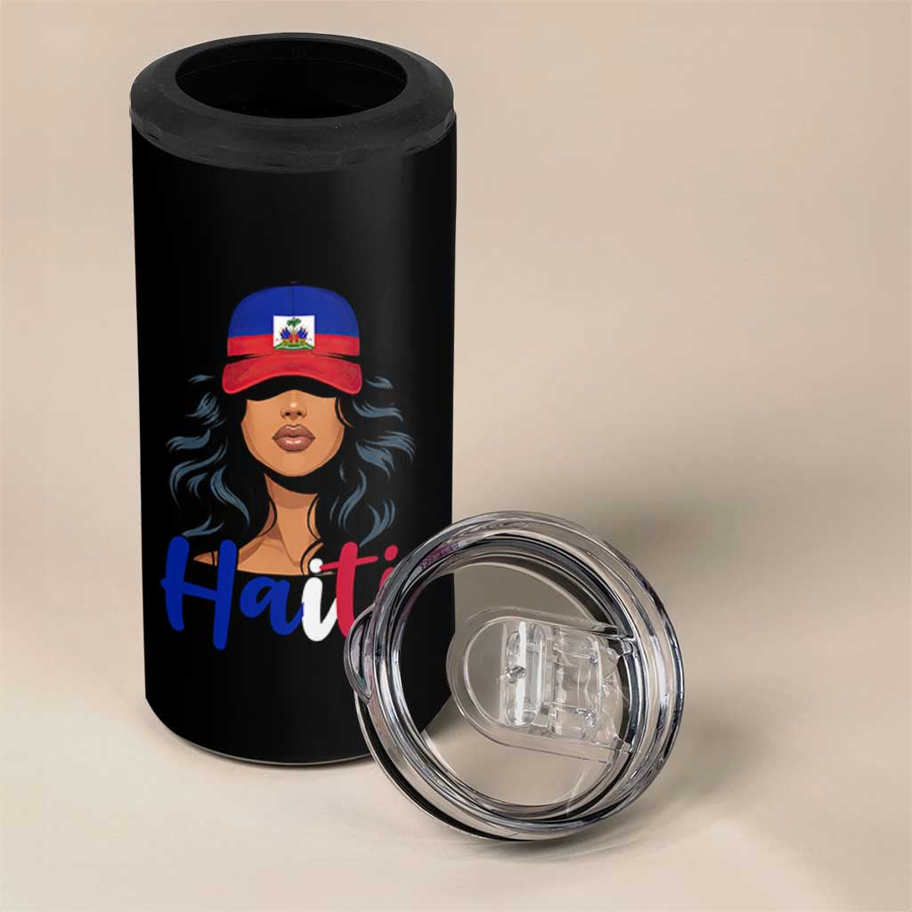Beautiful Haitian Girl in Flag Baseball Cap 4 in 1 Can Cooler Tumbler Haiti Heritage Pride