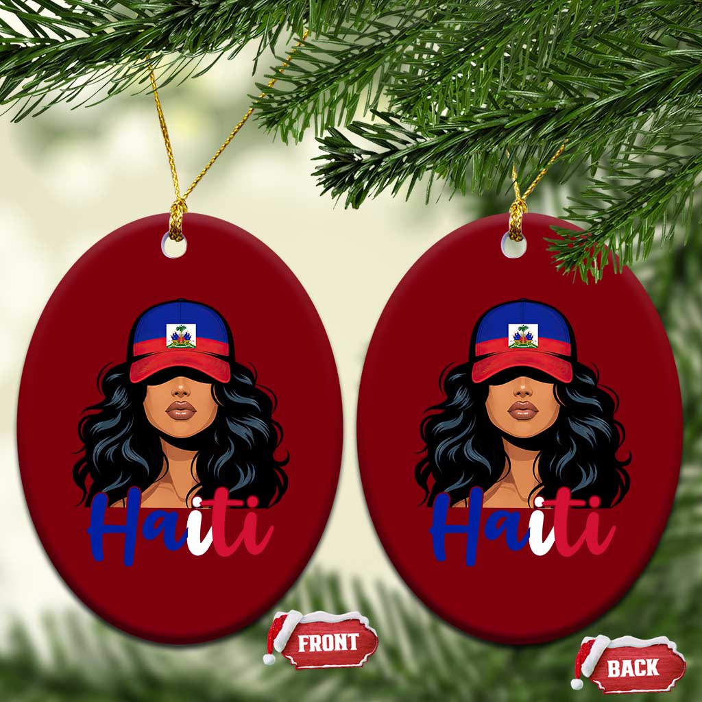 Beautiful Haitian Girl in Flag Baseball Cap Ceramic Ornament Haiti Heritage Pride