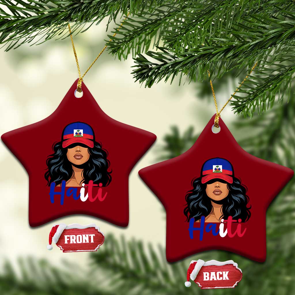 Beautiful Haitian Girl in Flag Baseball Cap Ceramic Ornament Haiti Heritage Pride