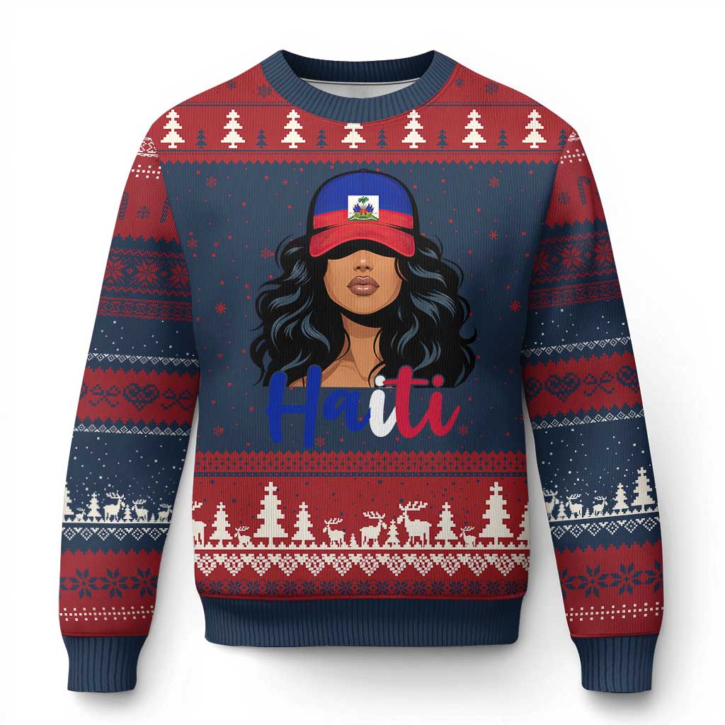 Beautiful Haitian Girl in Flag Baseball Cap Ugly Christmas Sweater Haiti Heritage Pride