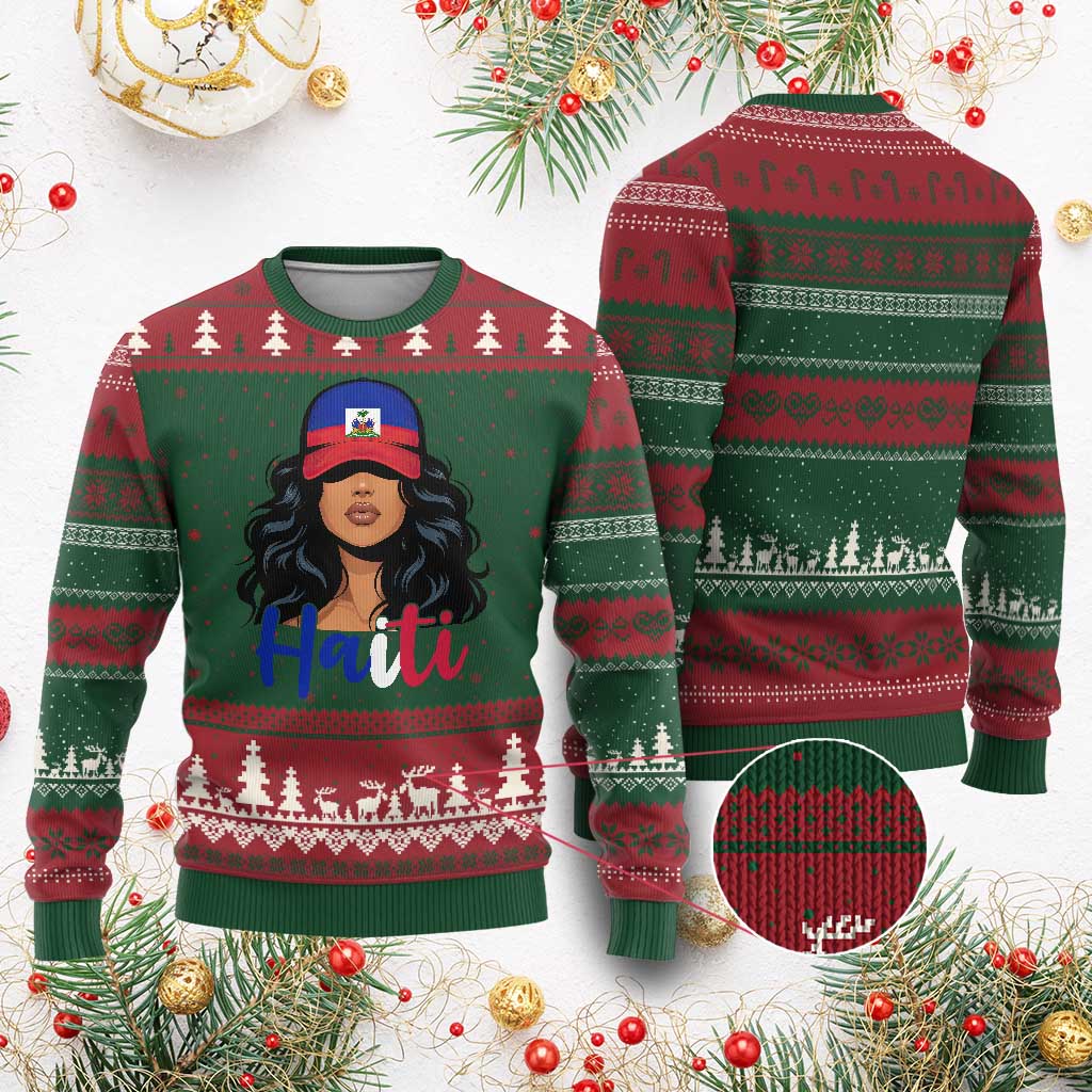 Beautiful Haitian Girl in Flag Baseball Cap Ugly Christmas Sweater Haiti Heritage Pride