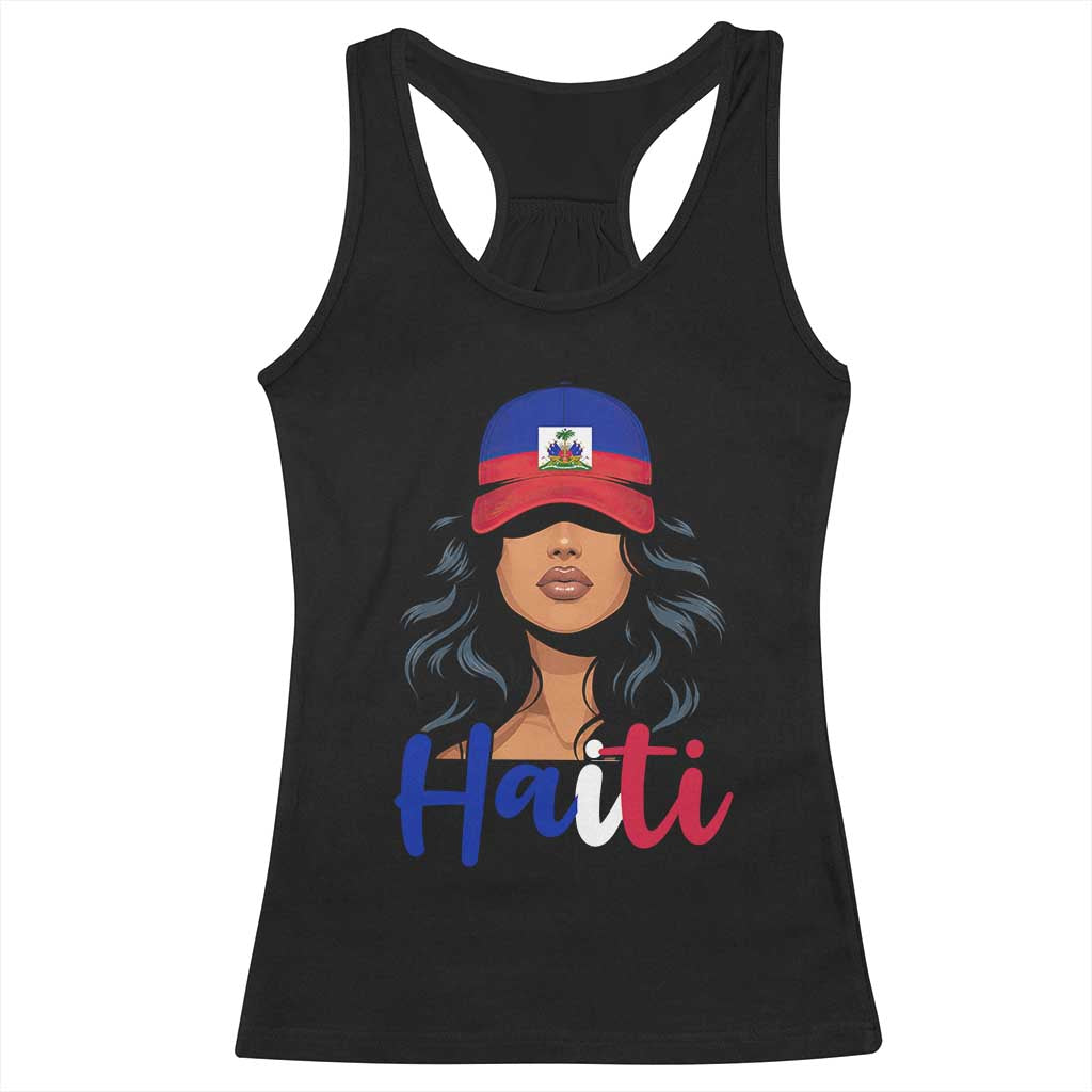 Beautiful Haitian Girl in Flag Baseball Cap Racerback Tank Top Haiti Heritage Pride
