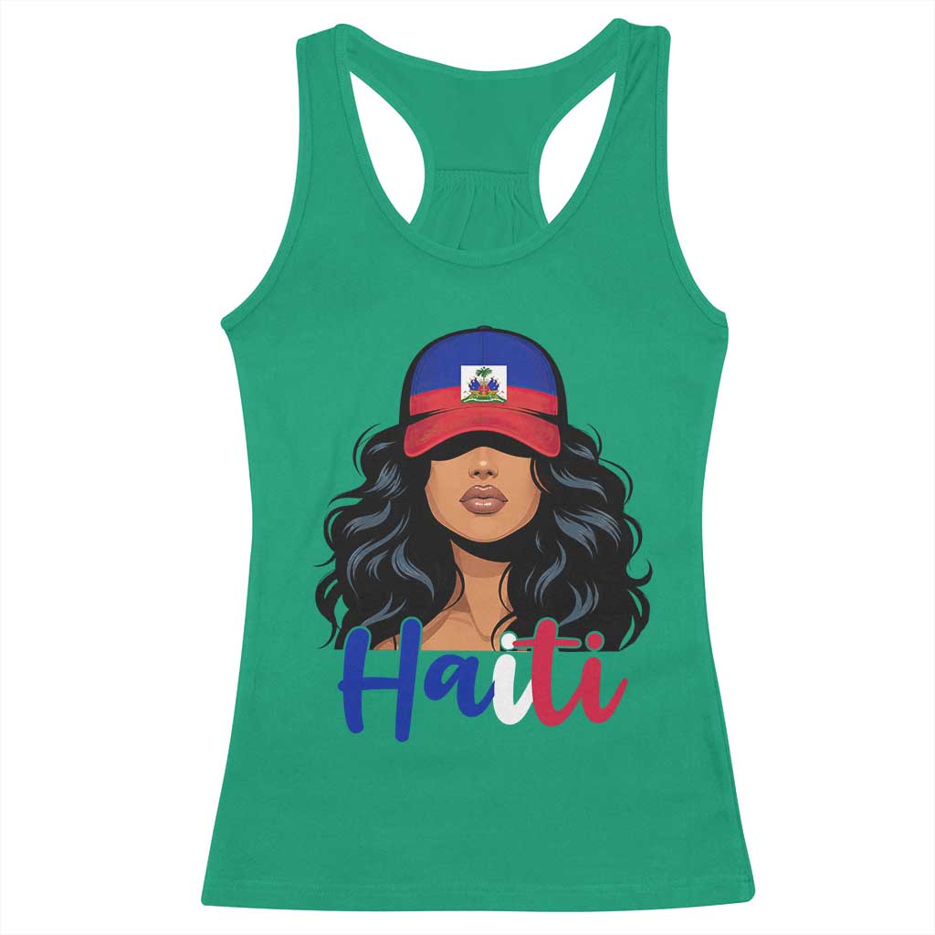 Beautiful Haitian Girl in Flag Baseball Cap Racerback Tank Top Haiti Heritage Pride