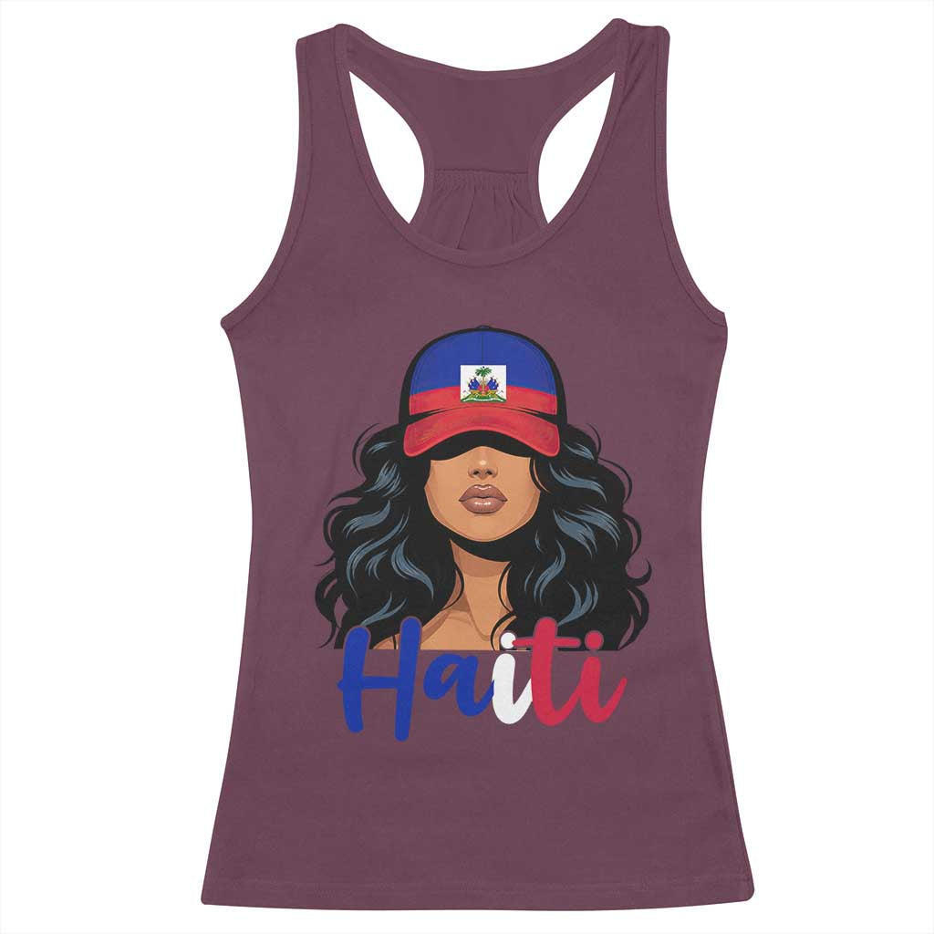 Beautiful Haitian Girl in Flag Baseball Cap Racerback Tank Top Haiti Heritage Pride