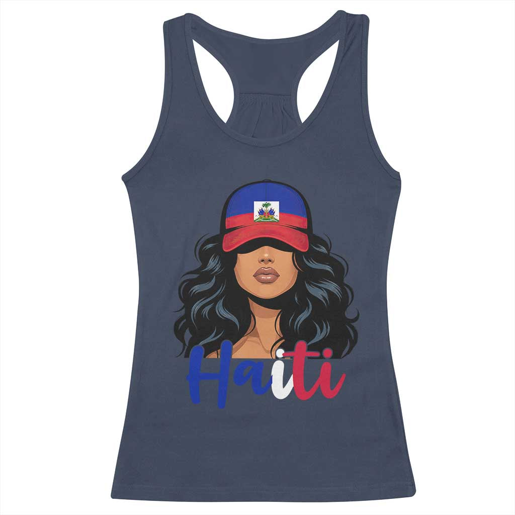 Beautiful Haitian Girl in Flag Baseball Cap Racerback Tank Top Haiti Heritage Pride