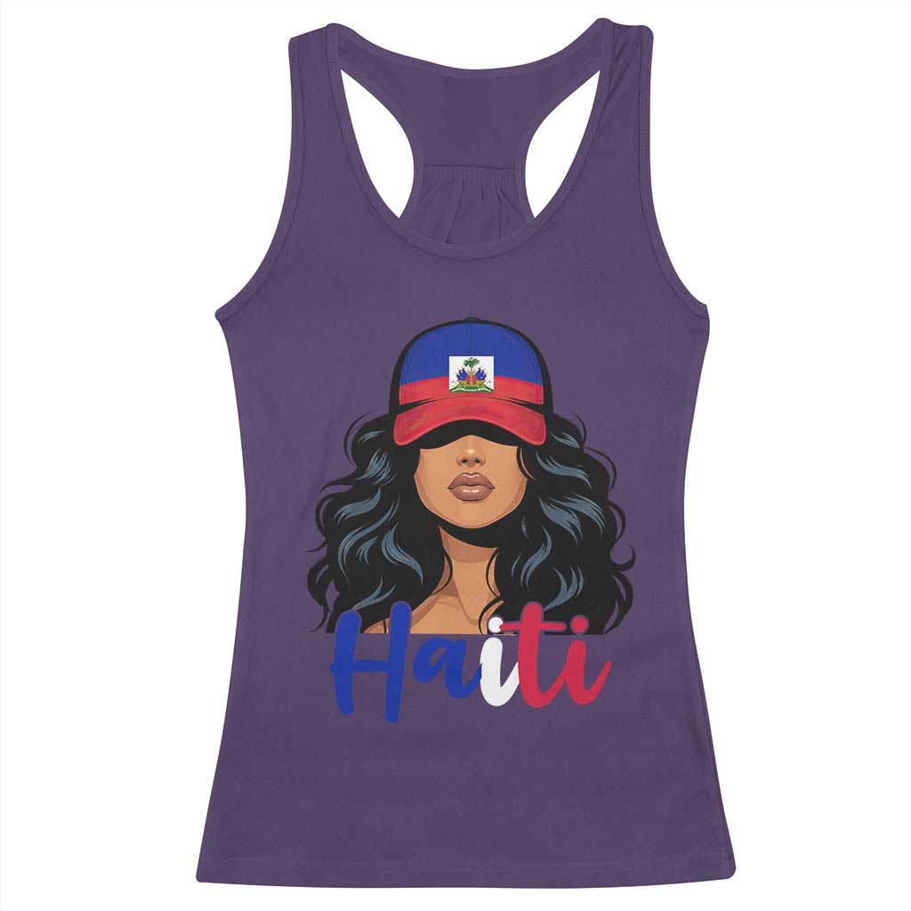 Beautiful Haitian Girl in Flag Baseball Cap Racerback Tank Top Haiti Heritage Pride