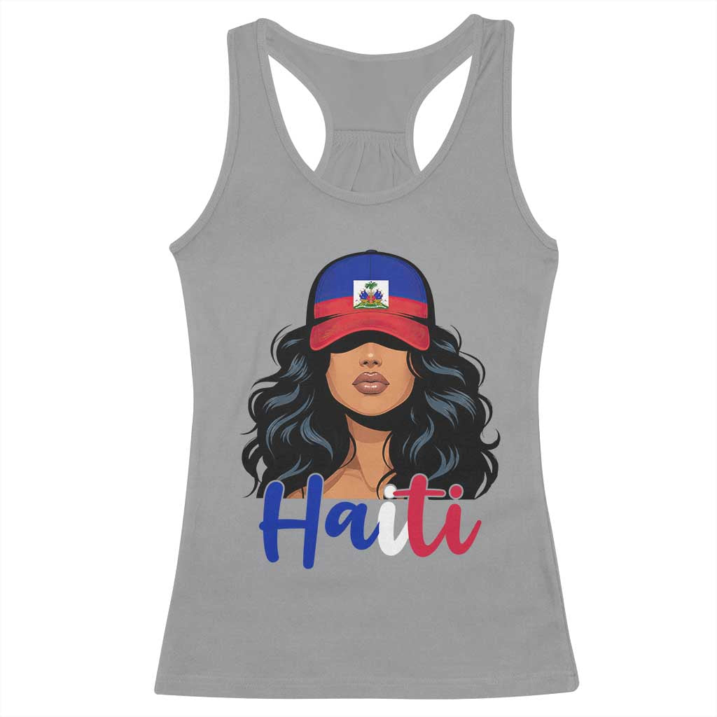 Beautiful Haitian Girl in Flag Baseball Cap Racerback Tank Top Haiti Heritage Pride