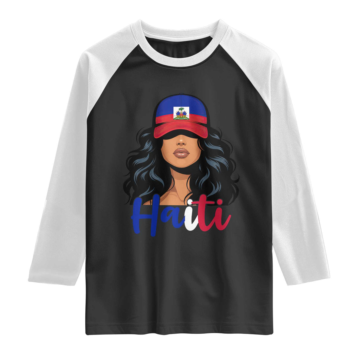 Beautiful Haitian Girl in Flag Baseball Cap Raglan Shirt Haiti Heritage Pride