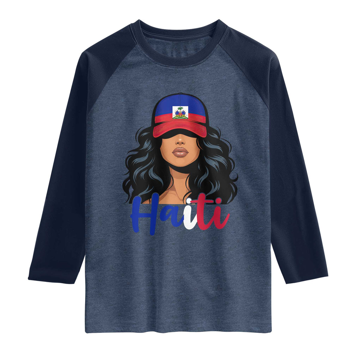 Beautiful Haitian Girl in Flag Baseball Cap Raglan Shirt Haiti Heritage Pride