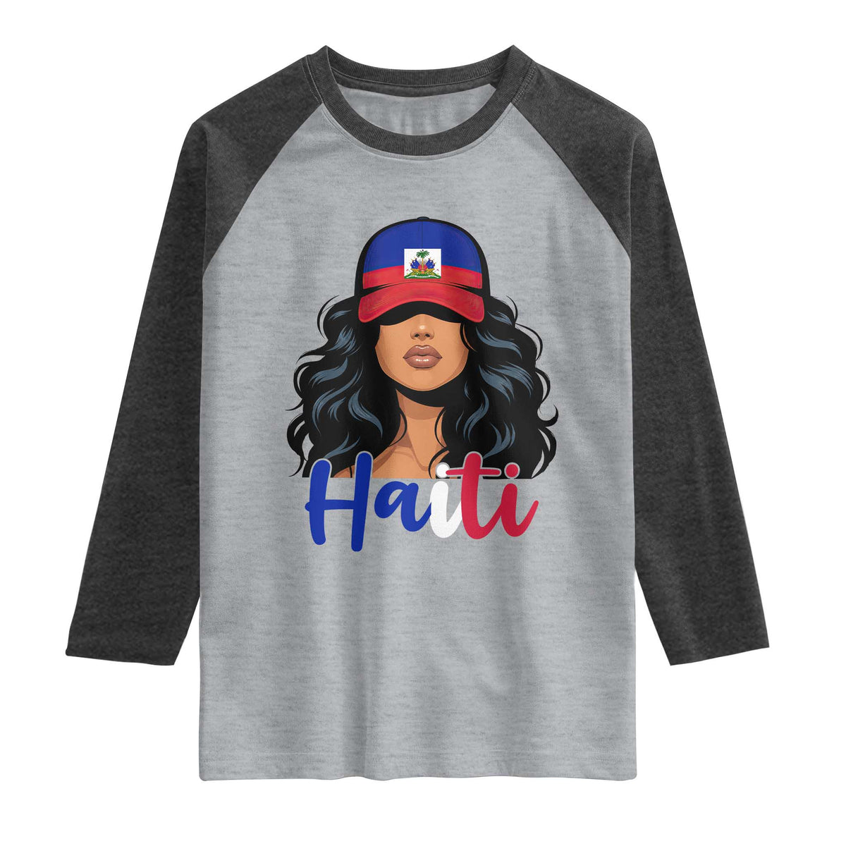 Beautiful Haitian Girl in Flag Baseball Cap Raglan Shirt Haiti Heritage Pride