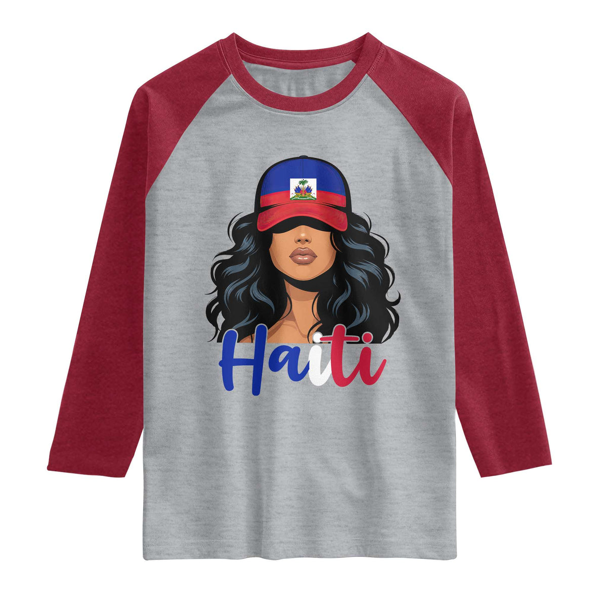 Beautiful Haitian Girl in Flag Baseball Cap Raglan Shirt Haiti Heritage Pride