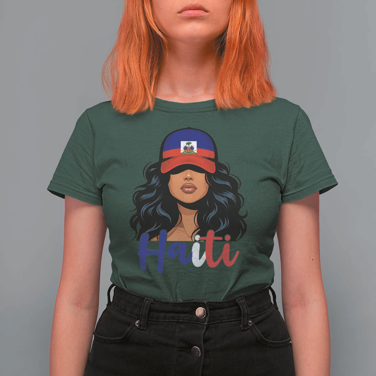Beautiful Haitian Girl in Flag Baseball Cap T Shirt For Women Haiti Heritage Pride