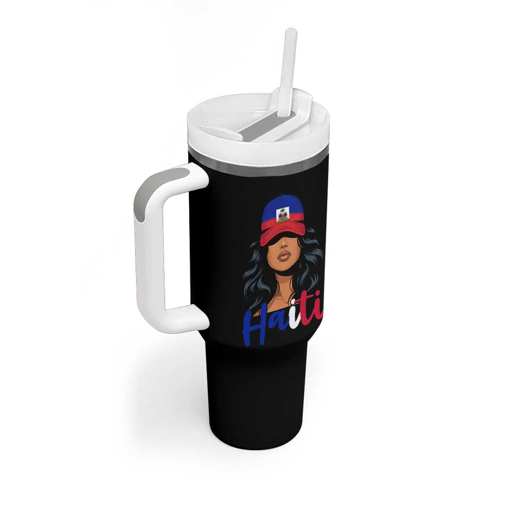 Beautiful Haitian Girl in Flag Baseball Cap Tumbler With Handle Haiti Heritage Pride