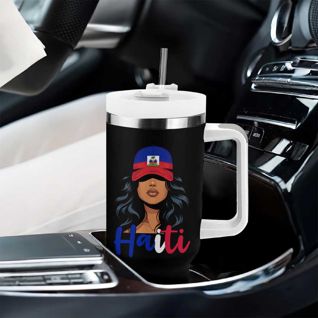 Beautiful Haitian Girl in Flag Baseball Cap Tumbler With Handle Haiti Heritage Pride