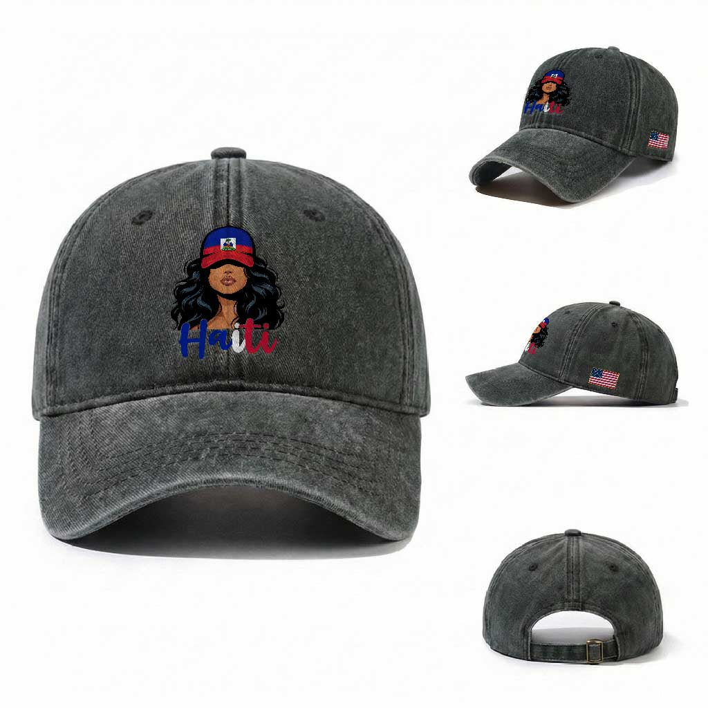 Beautiful Haitian Girl in Flag Baseball Cap Washed Cotton Baseball Cap Haiti Heritage Pride
