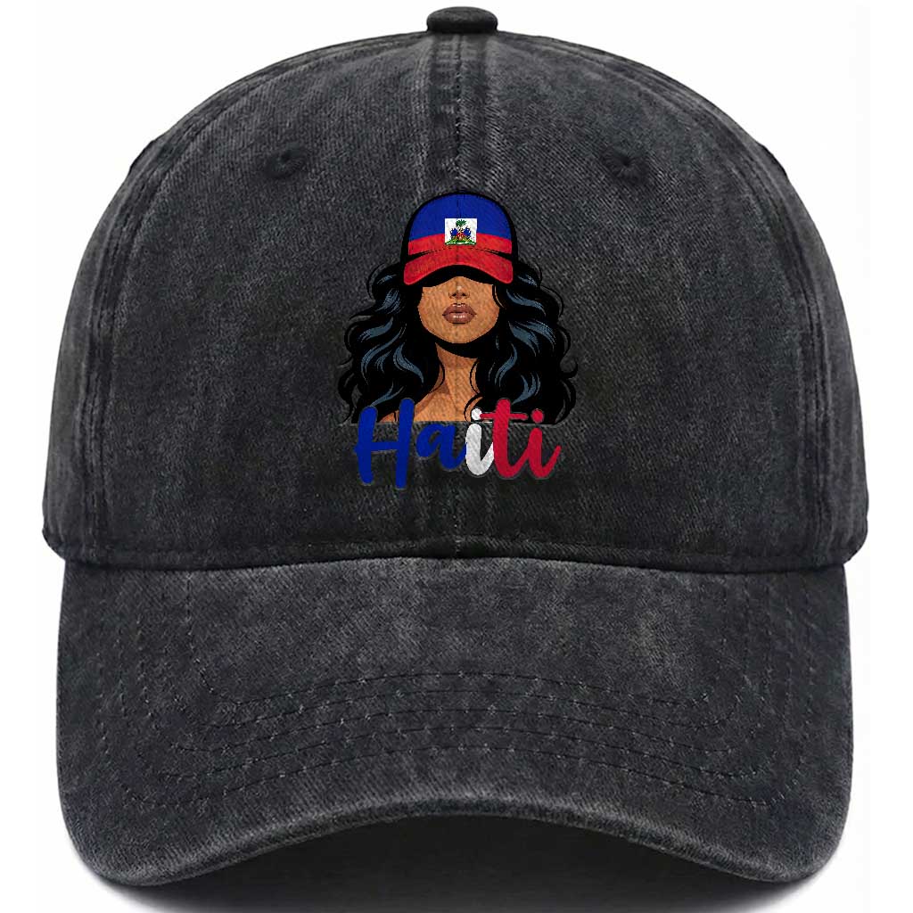 Beautiful Haitian Girl in Flag Baseball Cap Washed Cotton Baseball Cap Haiti Heritage Pride