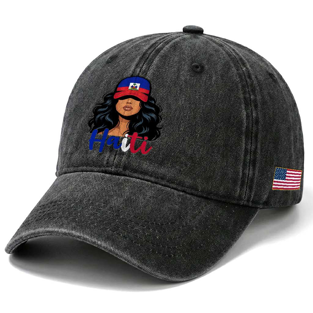 Beautiful Haitian Girl in Flag Baseball Cap Washed Cotton Baseball Cap Haiti Heritage Pride