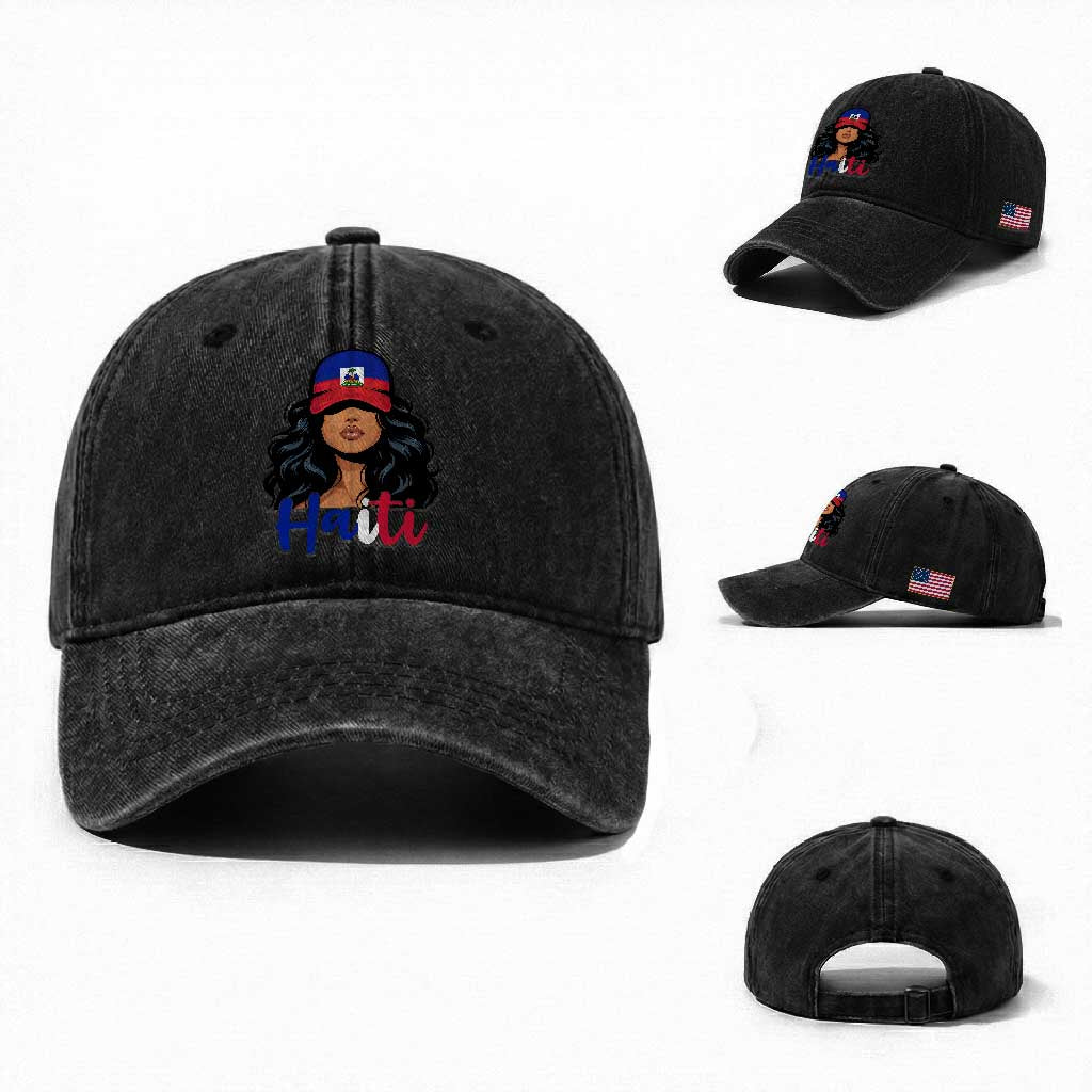 Beautiful Haitian Girl in Flag Baseball Cap Washed Cotton Baseball Cap Haiti Heritage Pride