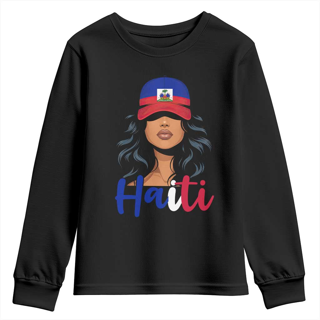 Beautiful Haitian Girl in Flag Baseball Cap Youth Sweatshirt Haiti Heritage Pride