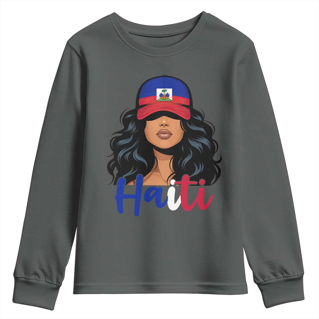 Beautiful Haitian Girl in Flag Baseball Cap Youth Sweatshirt Haiti Heritage Pride
