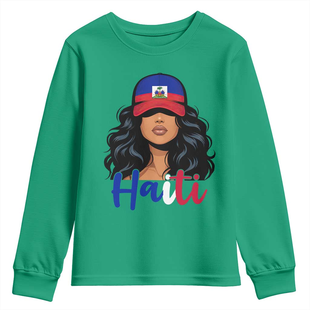 Beautiful Haitian Girl in Flag Baseball Cap Youth Sweatshirt Haiti Heritage Pride
