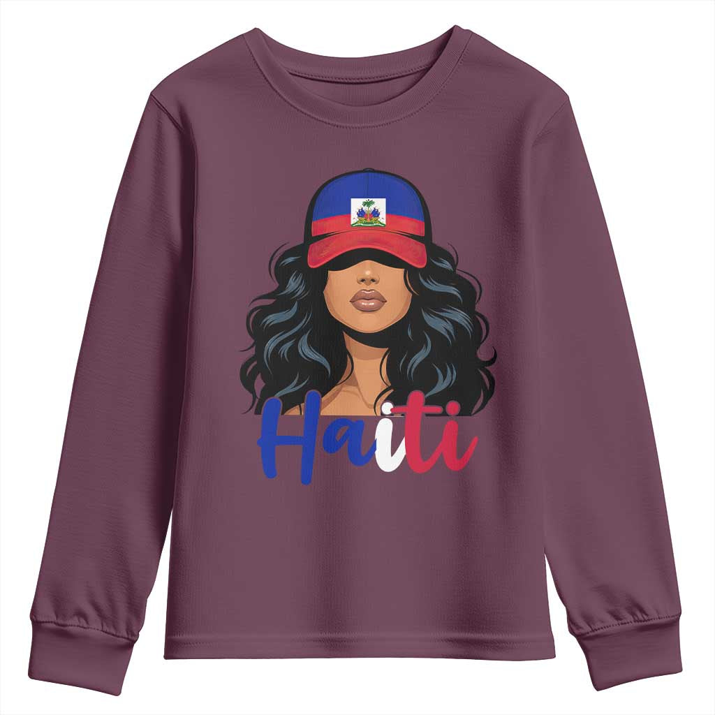 Beautiful Haitian Girl in Flag Baseball Cap Youth Sweatshirt Haiti Heritage Pride