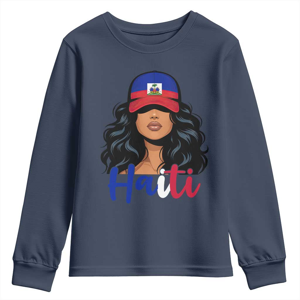 Beautiful Haitian Girl in Flag Baseball Cap Youth Sweatshirt Haiti Heritage Pride