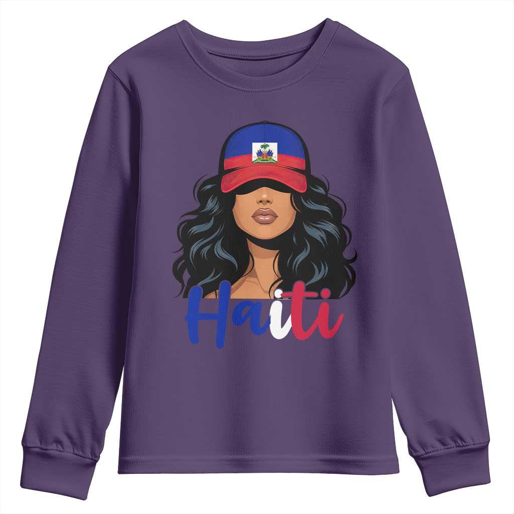 Beautiful Haitian Girl in Flag Baseball Cap Youth Sweatshirt Haiti Heritage Pride