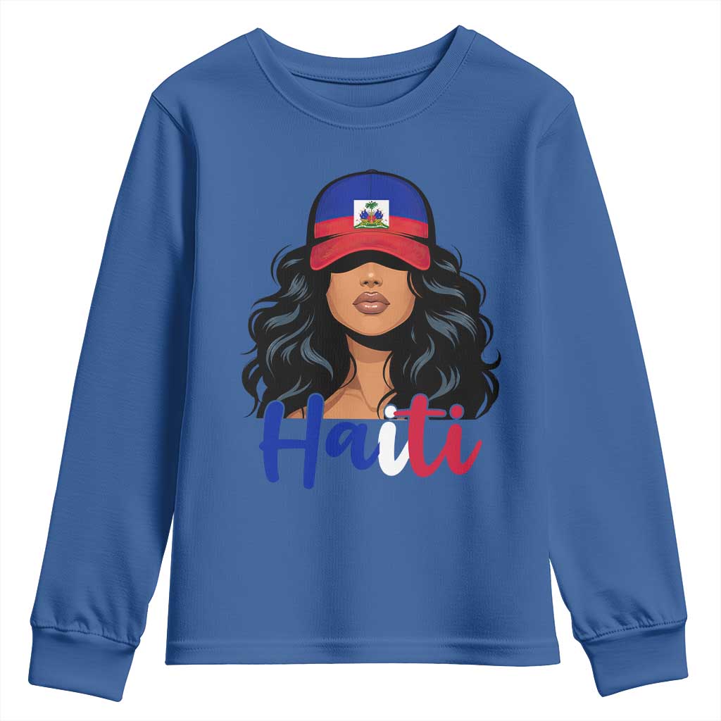 Beautiful Haitian Girl in Flag Baseball Cap Youth Sweatshirt Haiti Heritage Pride