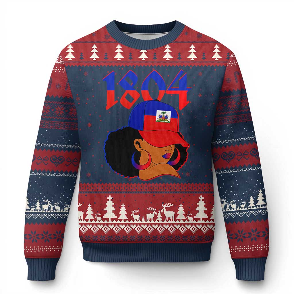 Haiti 1804 Curly Afro Queen Hoop Earrings Style Graphic Ugly Christmas Sweater Haitian Heritage Pride