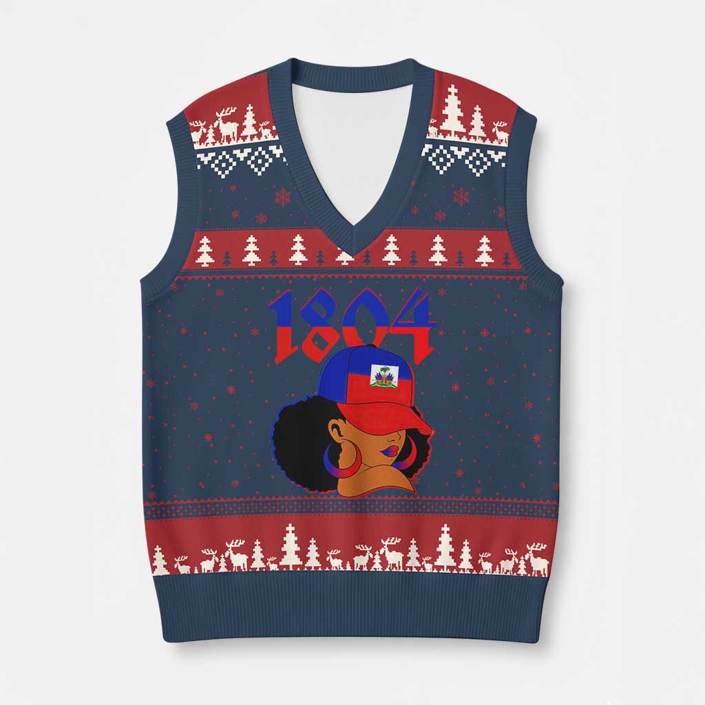 Haiti 1804 Curly Afro Queen Hoop Earrings Style Graphic V-Neck Knit Sweater Vest Haitian Heritage Pride