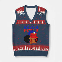 Haiti 1804 Curly Afro Queen Hoop Earrings Style Graphic V-Neck Knit Sweater Vest Haitian Heritage Pride