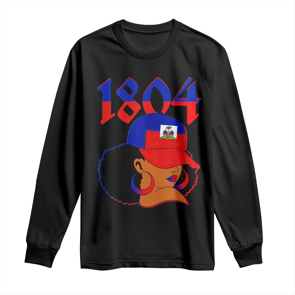 Haiti 1804 Curly Afro Queen Hoop Earrings Style Graphic Long Sleeve Shirt Haitian Heritage Pride