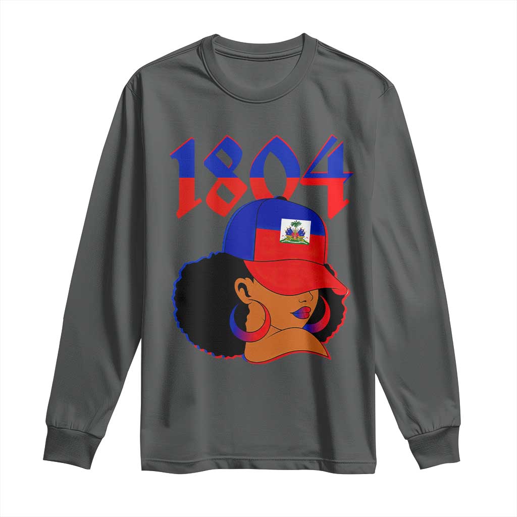 Haiti 1804 Curly Afro Queen Hoop Earrings Style Graphic Long Sleeve Shirt Haitian Heritage Pride