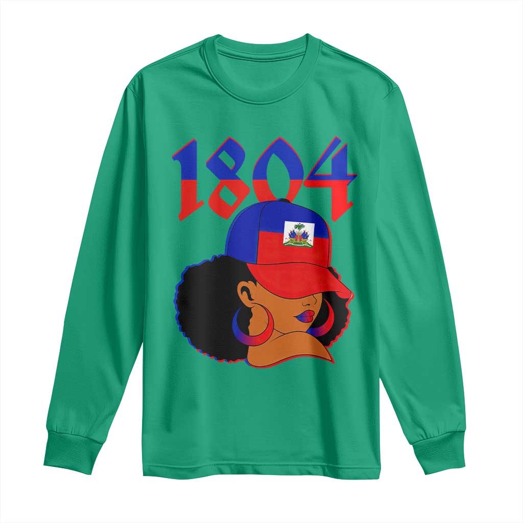 Haiti 1804 Curly Afro Queen Hoop Earrings Style Graphic Long Sleeve Shirt Haitian Heritage Pride
